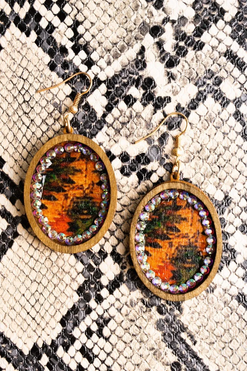 SALE! Light Brown Wood and Crystal Trimmed Southwestern Oval Earrings