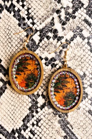 SALE! Light Brown Wood and Crystal Trimmed Southwestern Oval Earrings