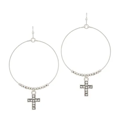 Silver Beaded Hoop with Crystal Cross Earring