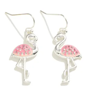 Silver Flamingo Drop Earring With Rhinestone Accents