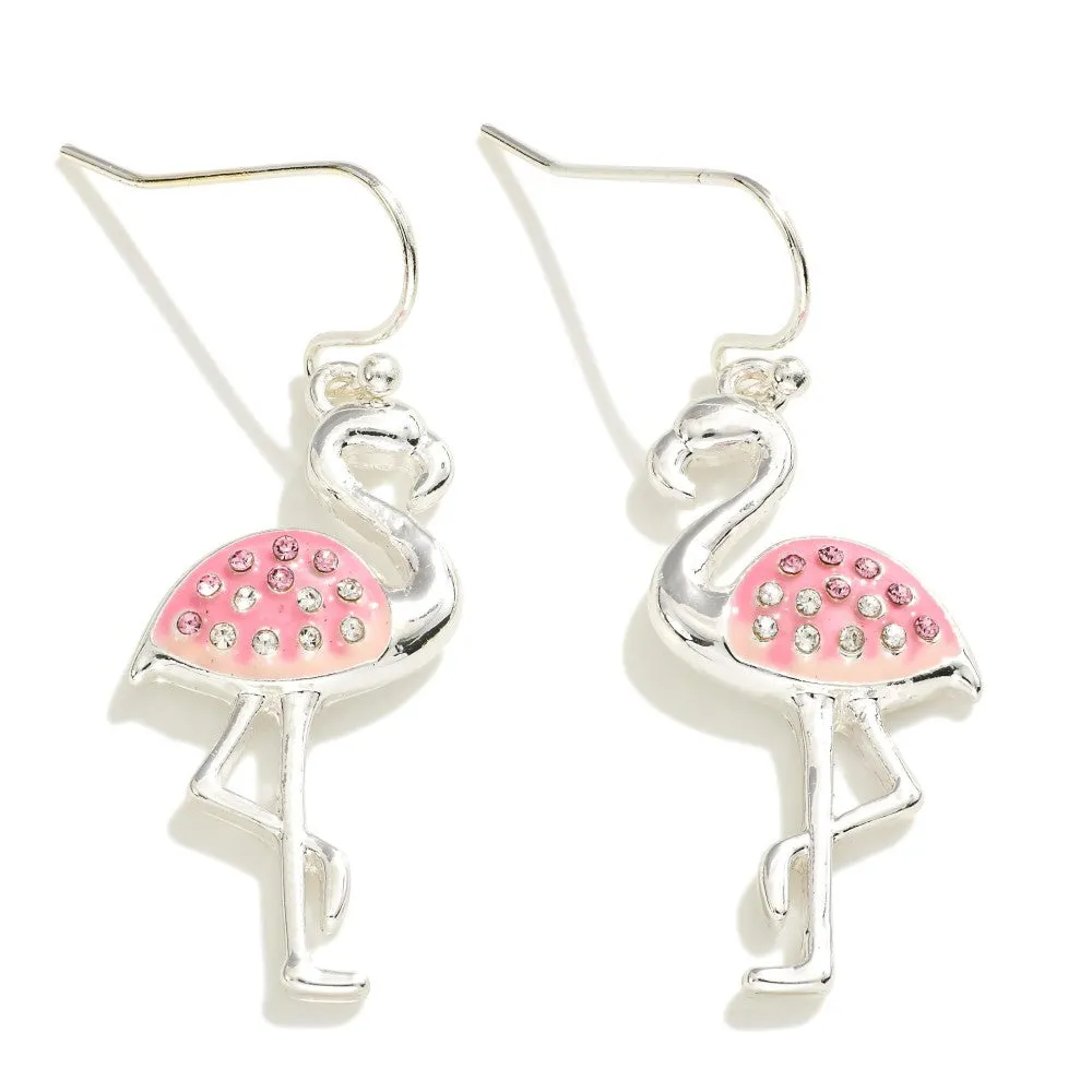 Silver Flamingo Drop Earring With Rhinestone Accents