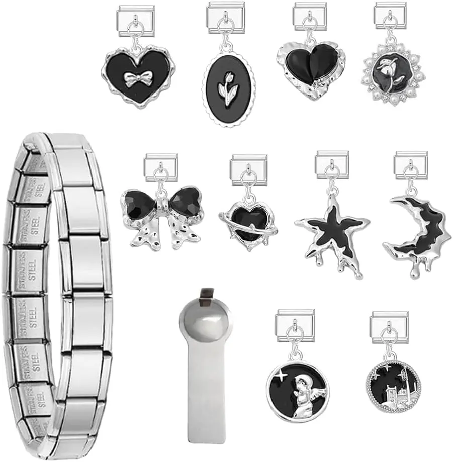 Silver Italian Charm Bracelet Set For Women Diy Handmade With Starter Brascelet, Assorted Charms And Opening Tools, 9mm Modular Italian Charm Bracelet Jewelry