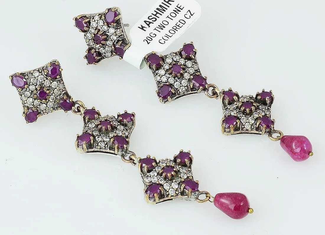 Silver Red Ruby 925 Sterling Earrings Ottoman Art Deco Rhombus