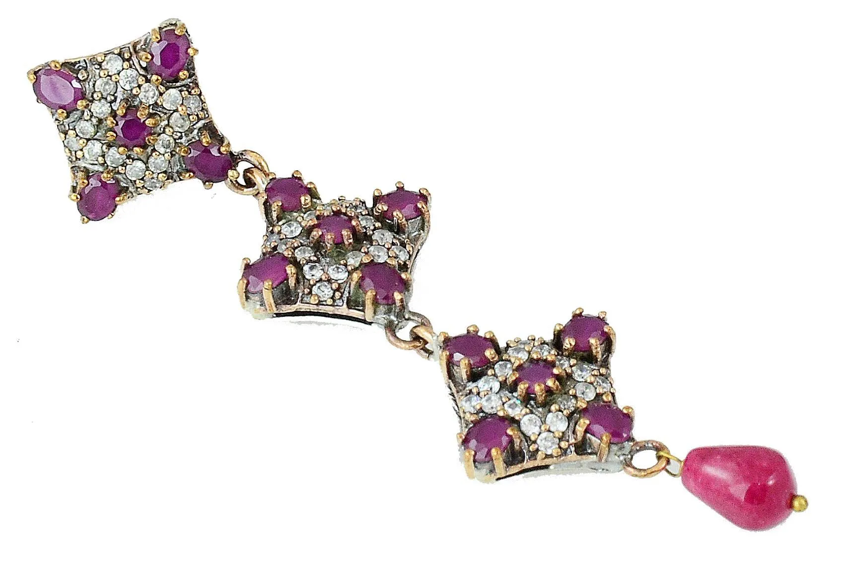 Silver Red Ruby 925 Sterling Earrings Ottoman Art Deco Rhombus