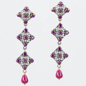 Silver Red Ruby 925 Sterling Earrings Ottoman Art Deco Rhombus