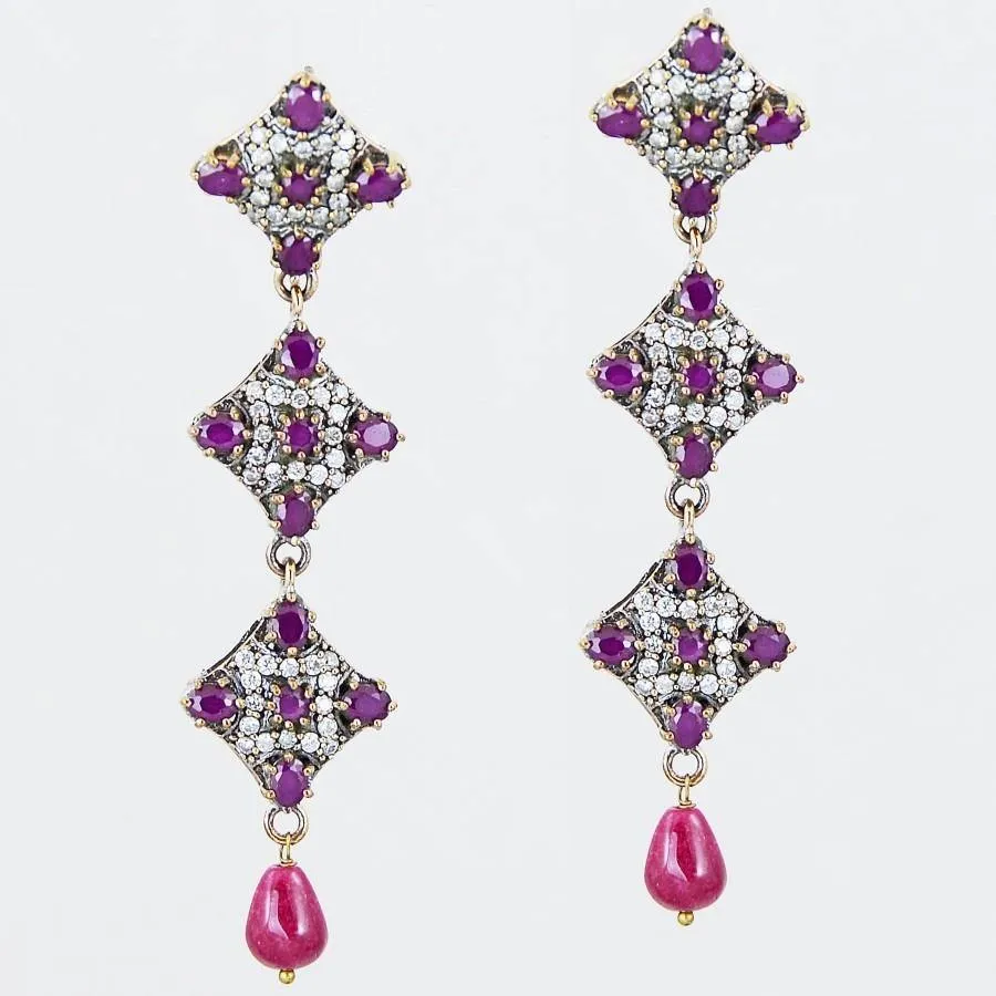 Silver Red Ruby 925 Sterling Earrings Ottoman Art Deco Rhombus