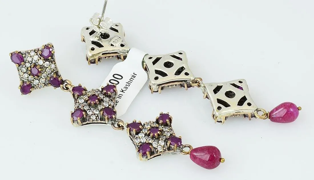 Silver Red Ruby 925 Sterling Earrings Ottoman Art Deco Rhombus