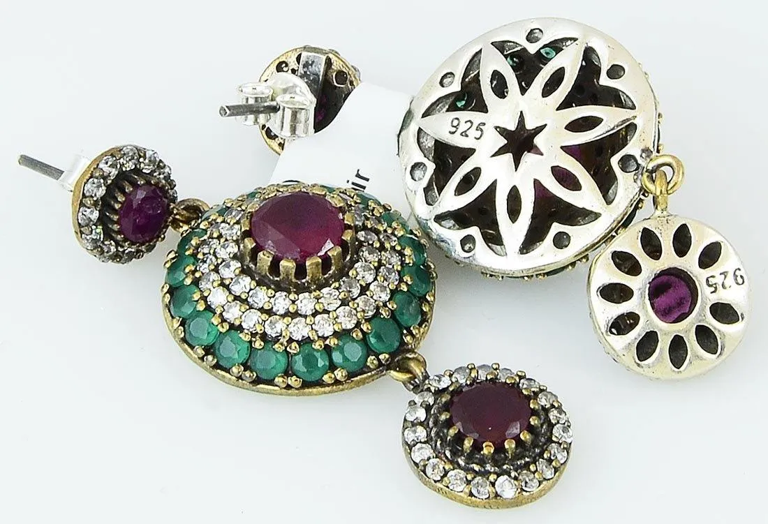 Silver Ruby Emerald 925 Sterling Earrings Ottoman Dome Dangle