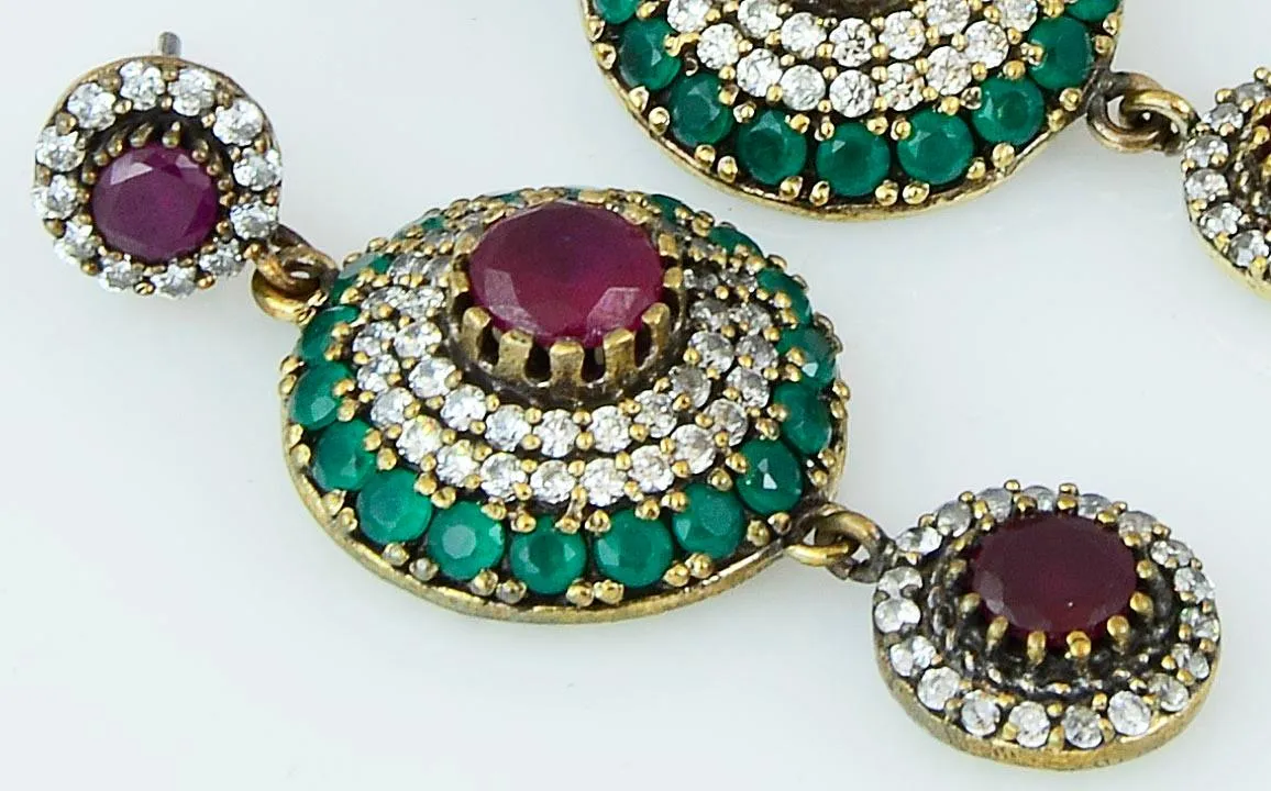 Silver Ruby Emerald 925 Sterling Earrings Ottoman Dome Dangle