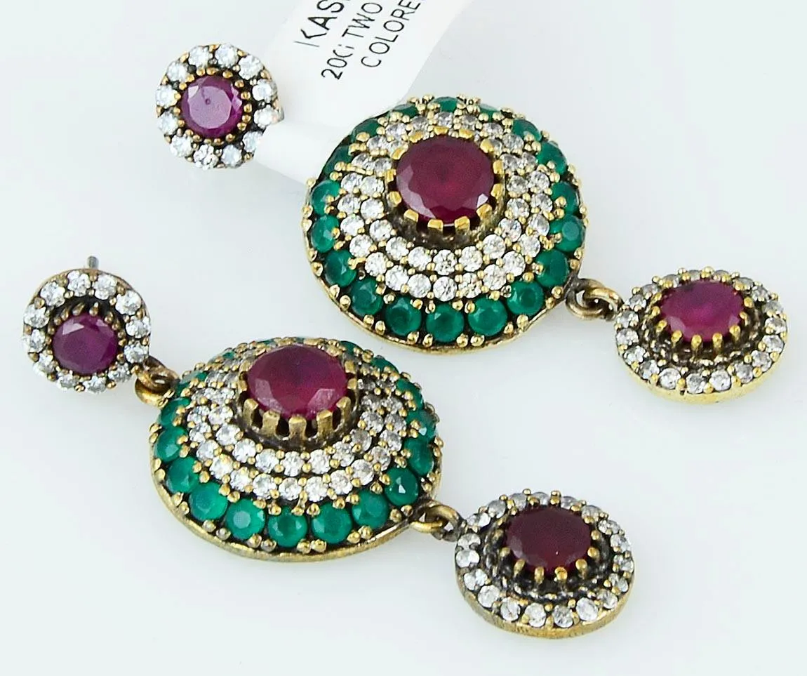 Silver Ruby Emerald 925 Sterling Earrings Ottoman Dome Dangle