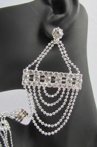 Silver Shoulders Chain Rhinestones Strands   Earrings