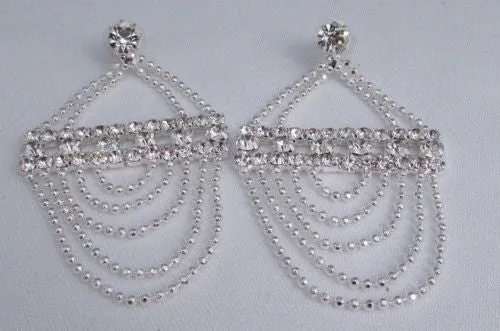 Silver Shoulders Chain Rhinestones Strands   Earrings
