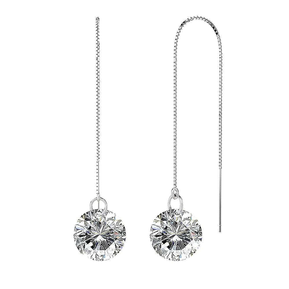Solid 925 Sterling Silver Clear Drop Threader Earrings