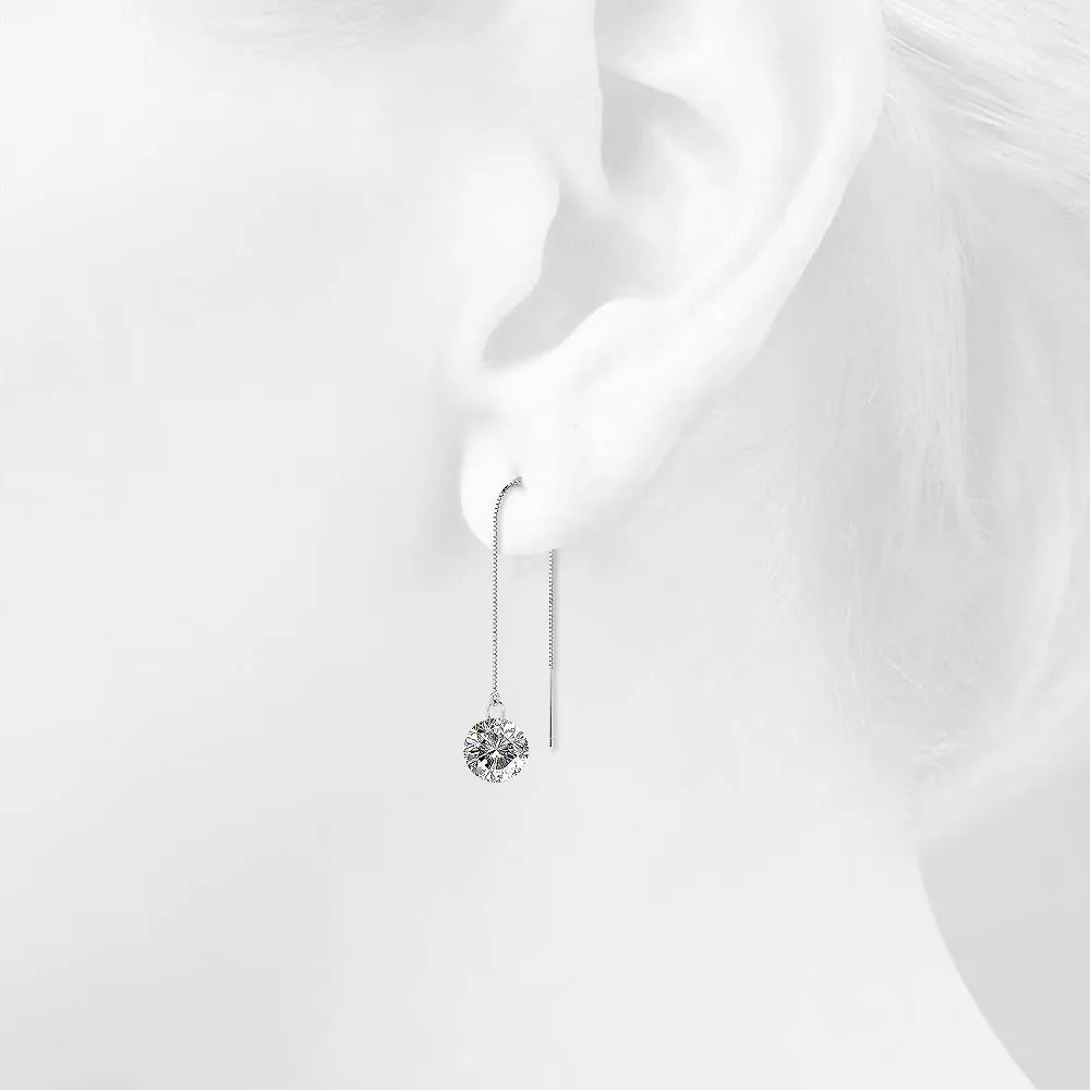 Solid 925 Sterling Silver Clear Drop Threader Earrings