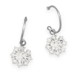 Sparkleflakes – Rhodium Plated Sterling Silver Mini Hoop Glitter Snowflake Charm Earrings