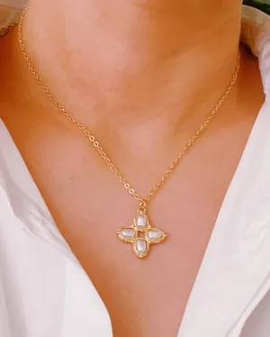 Square Pearl Cross Necklace - Gold