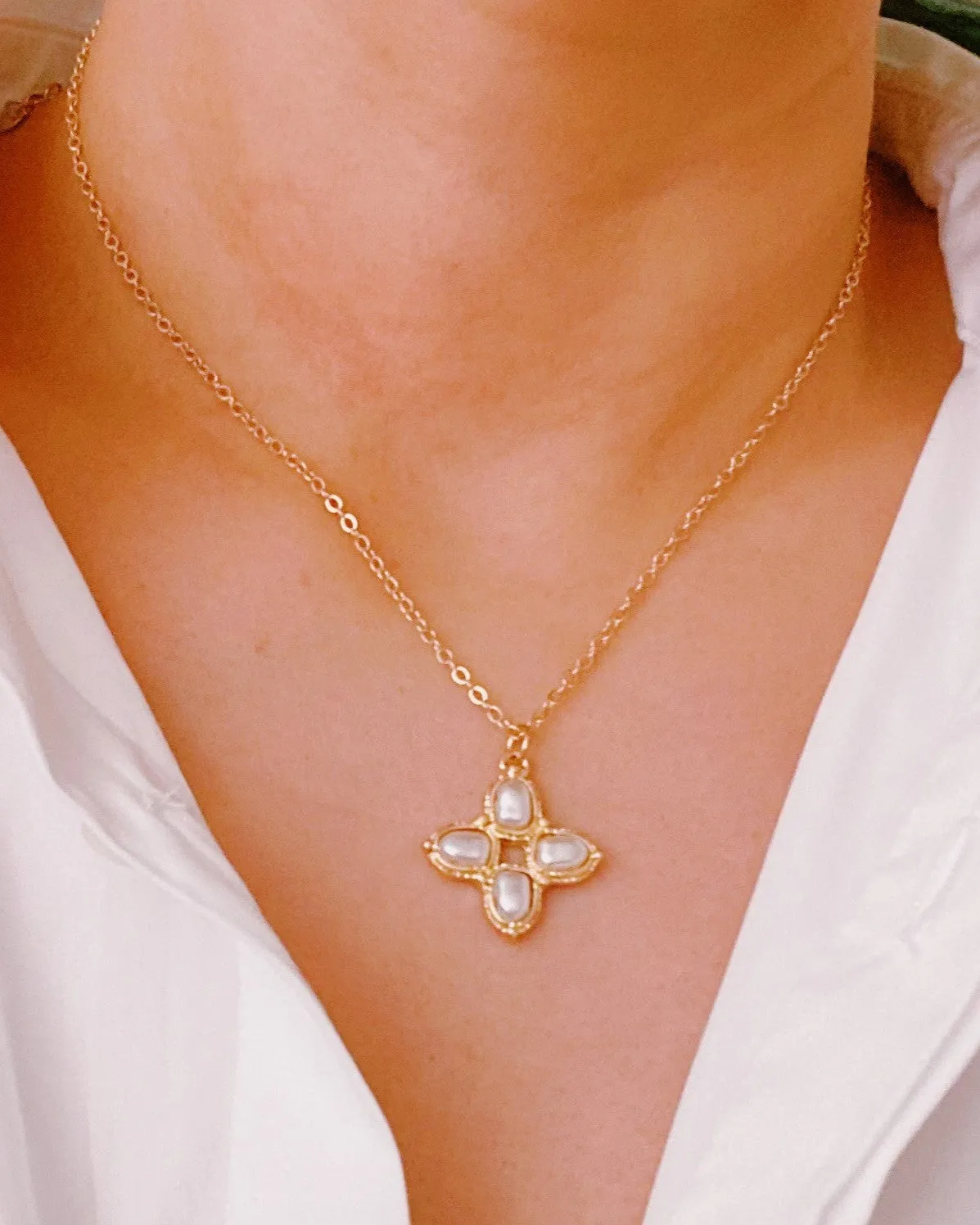 Square Pearl Cross Necklace - Gold