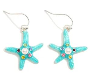Starfish Drop Earrings Featuring Rhinestone & Pearl Details