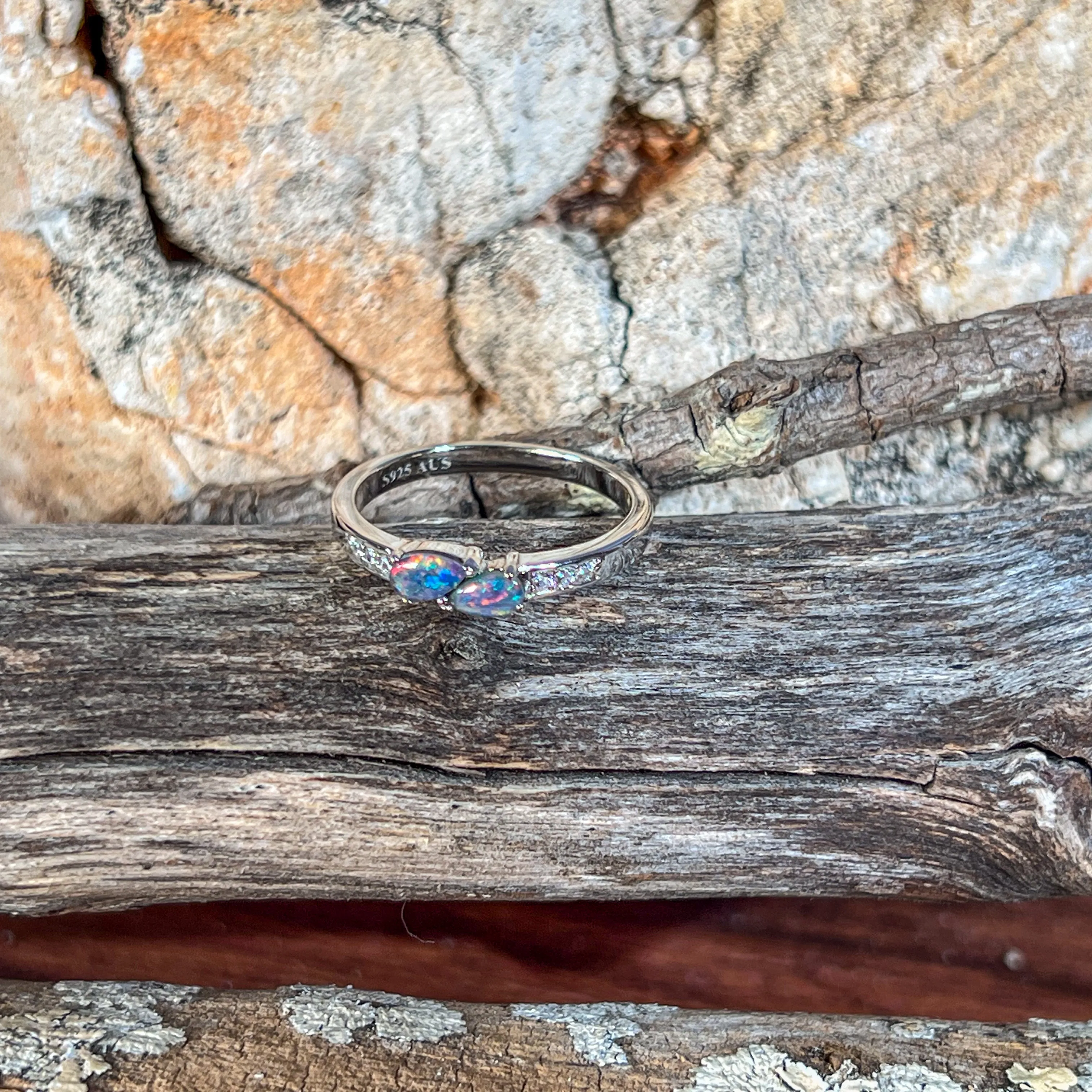 Sterling Silver double pearshape Opal triplet ring