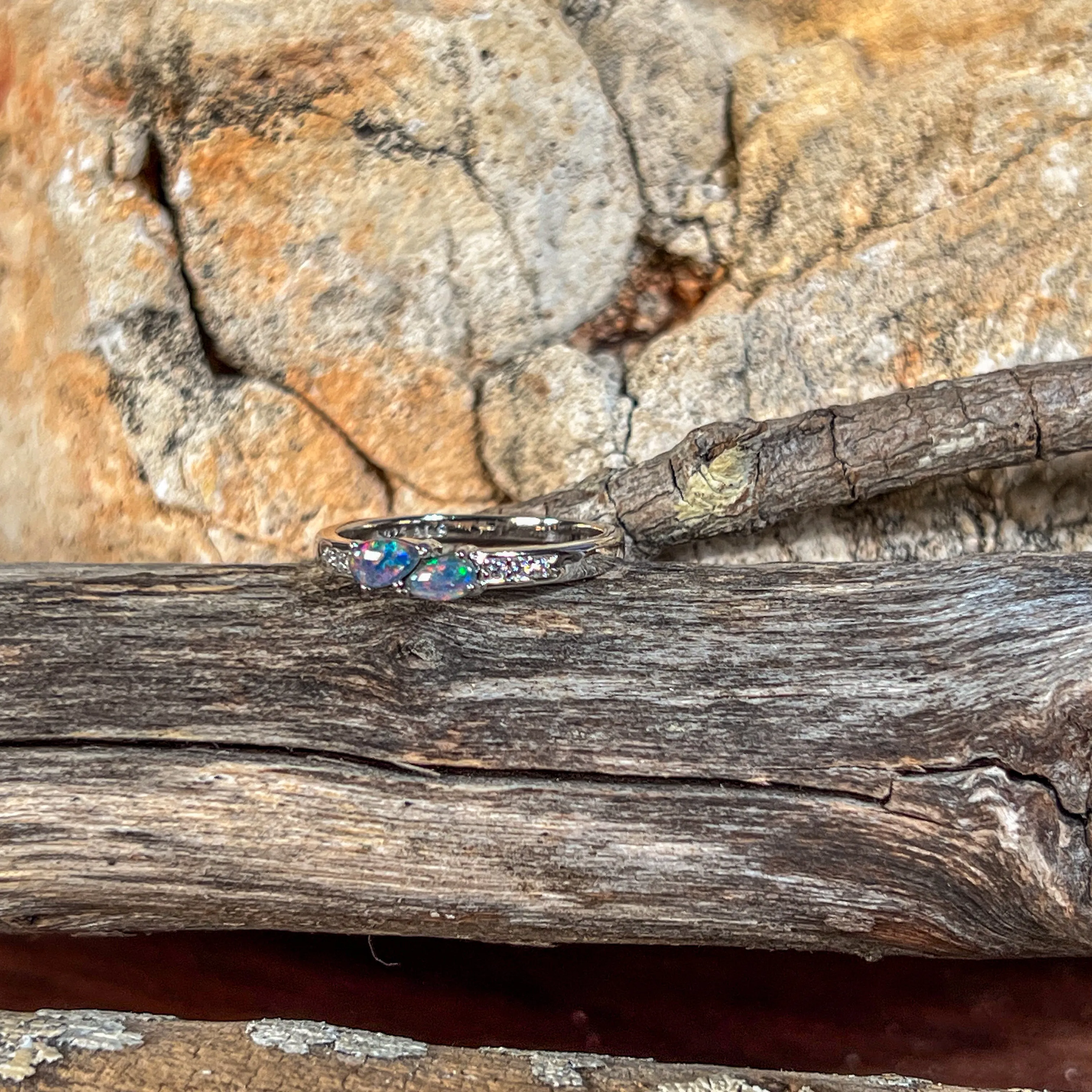 Sterling Silver double pearshape Opal triplet ring
