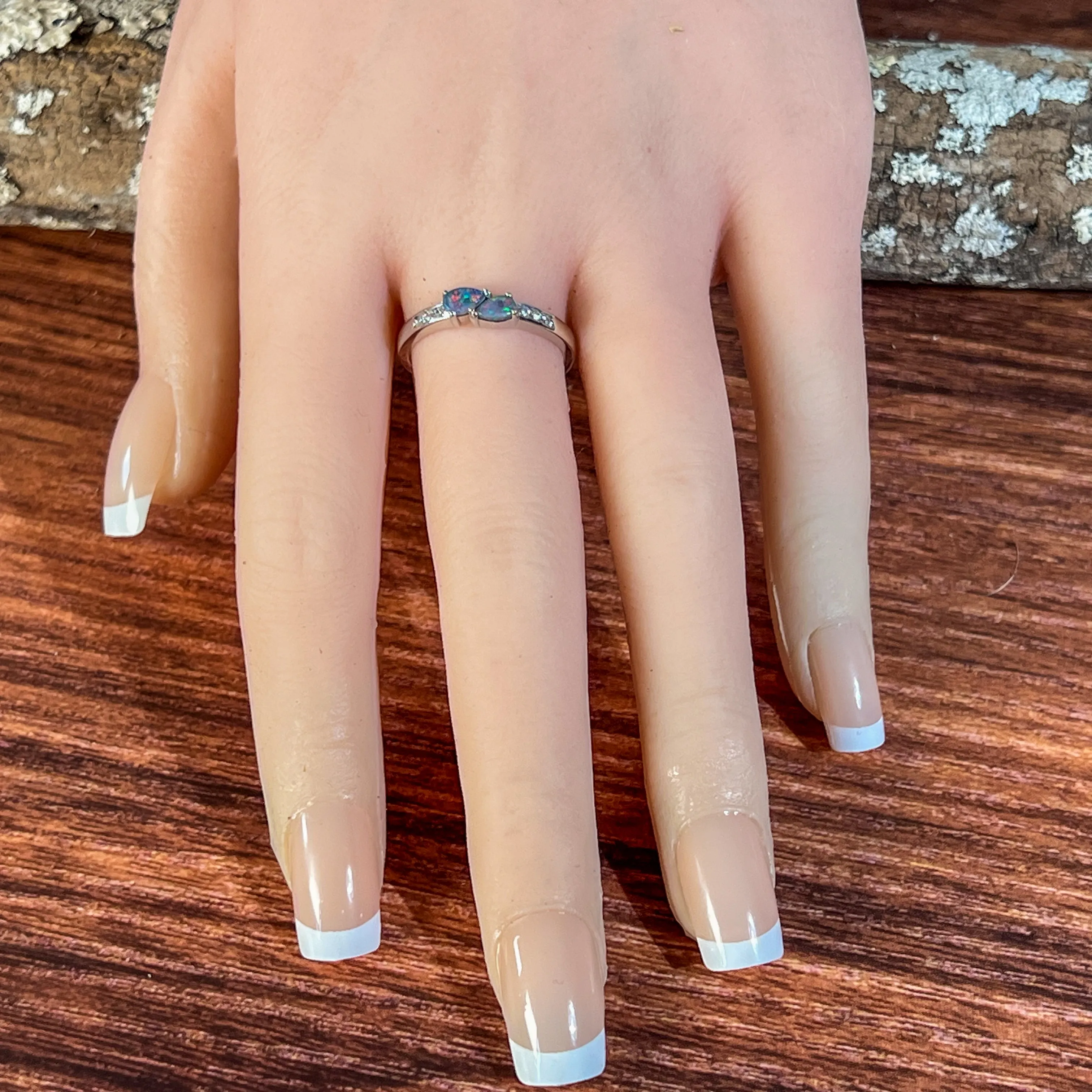 Sterling Silver double pearshape Opal triplet ring