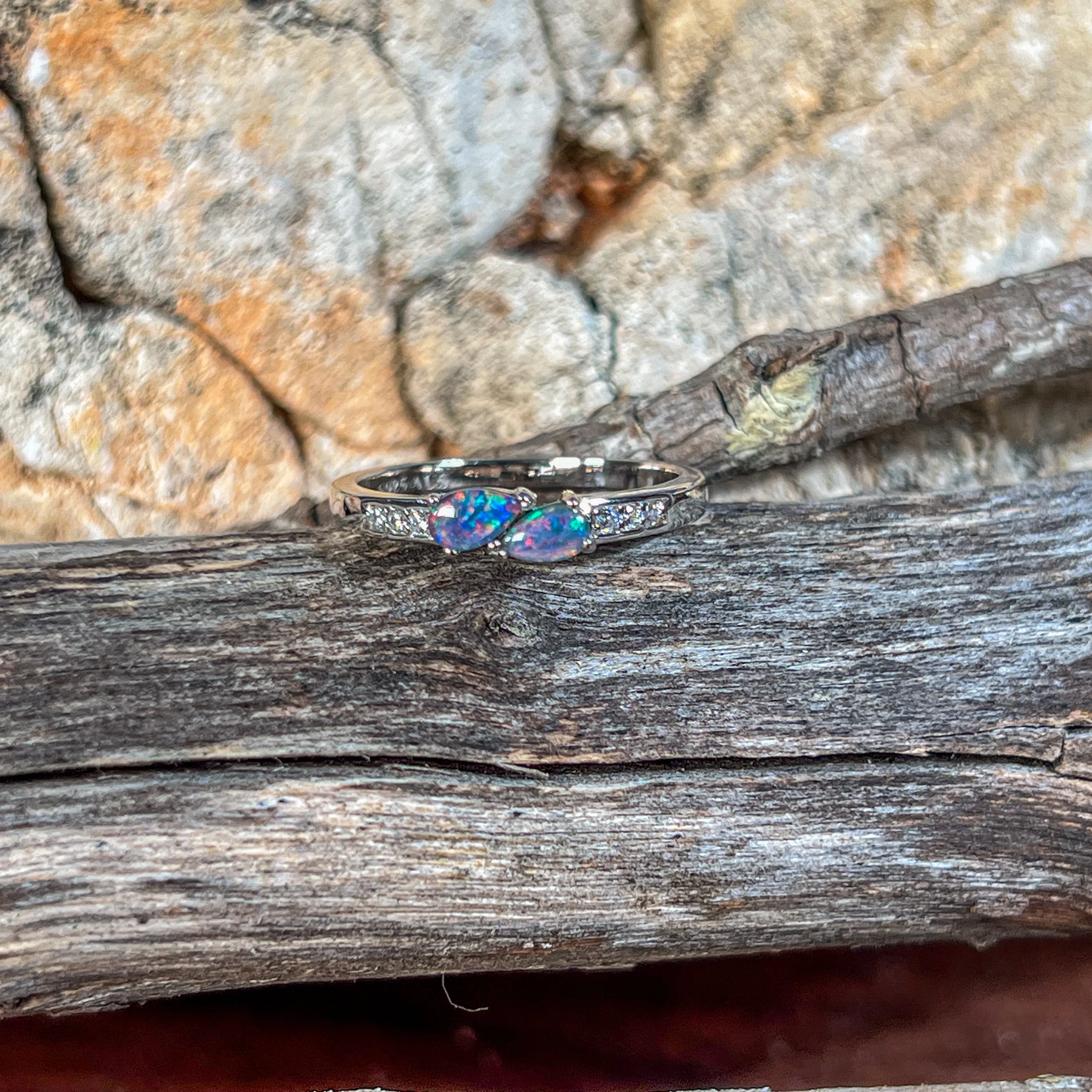 Sterling Silver double pearshape Opal triplet ring