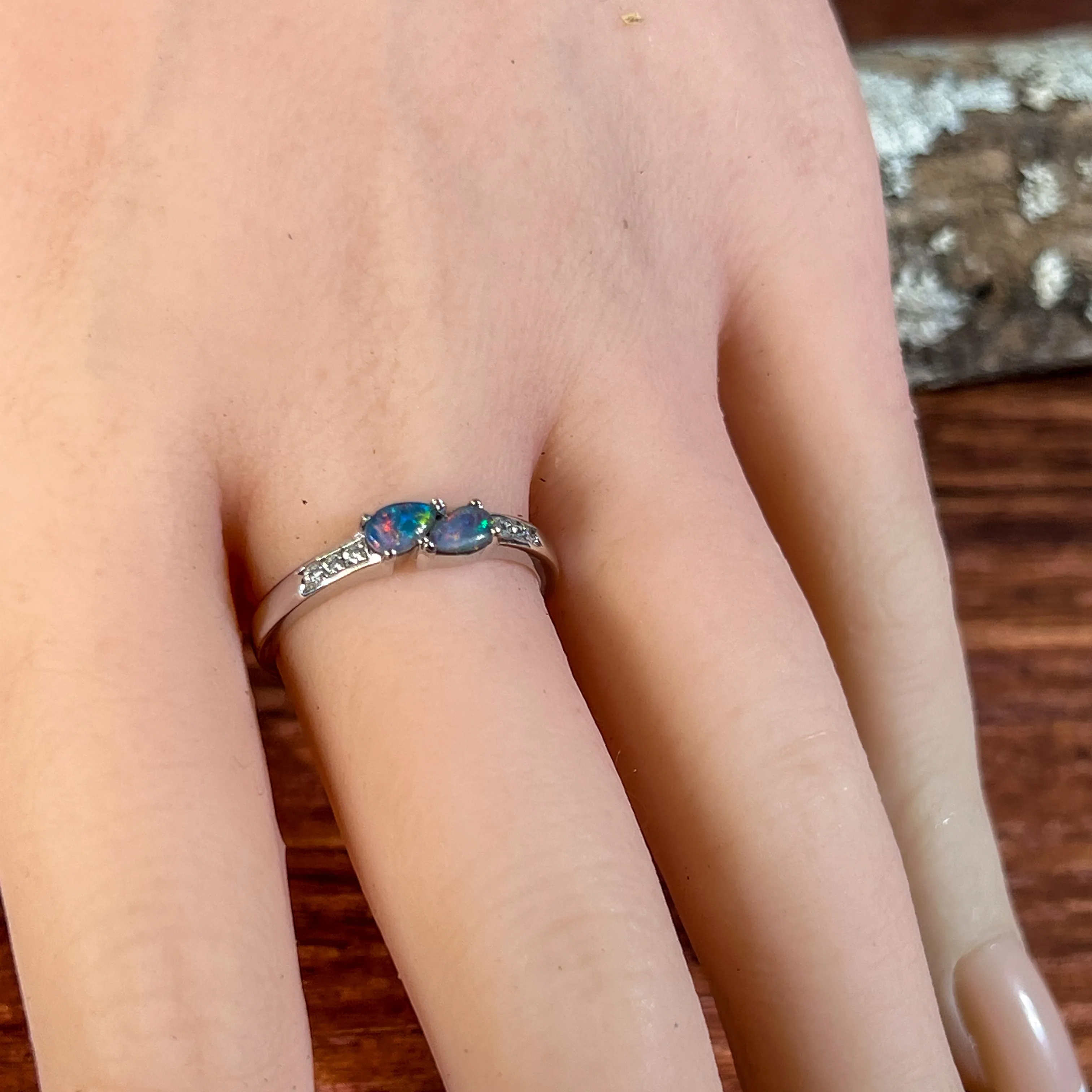 Sterling Silver double pearshape Opal triplet ring