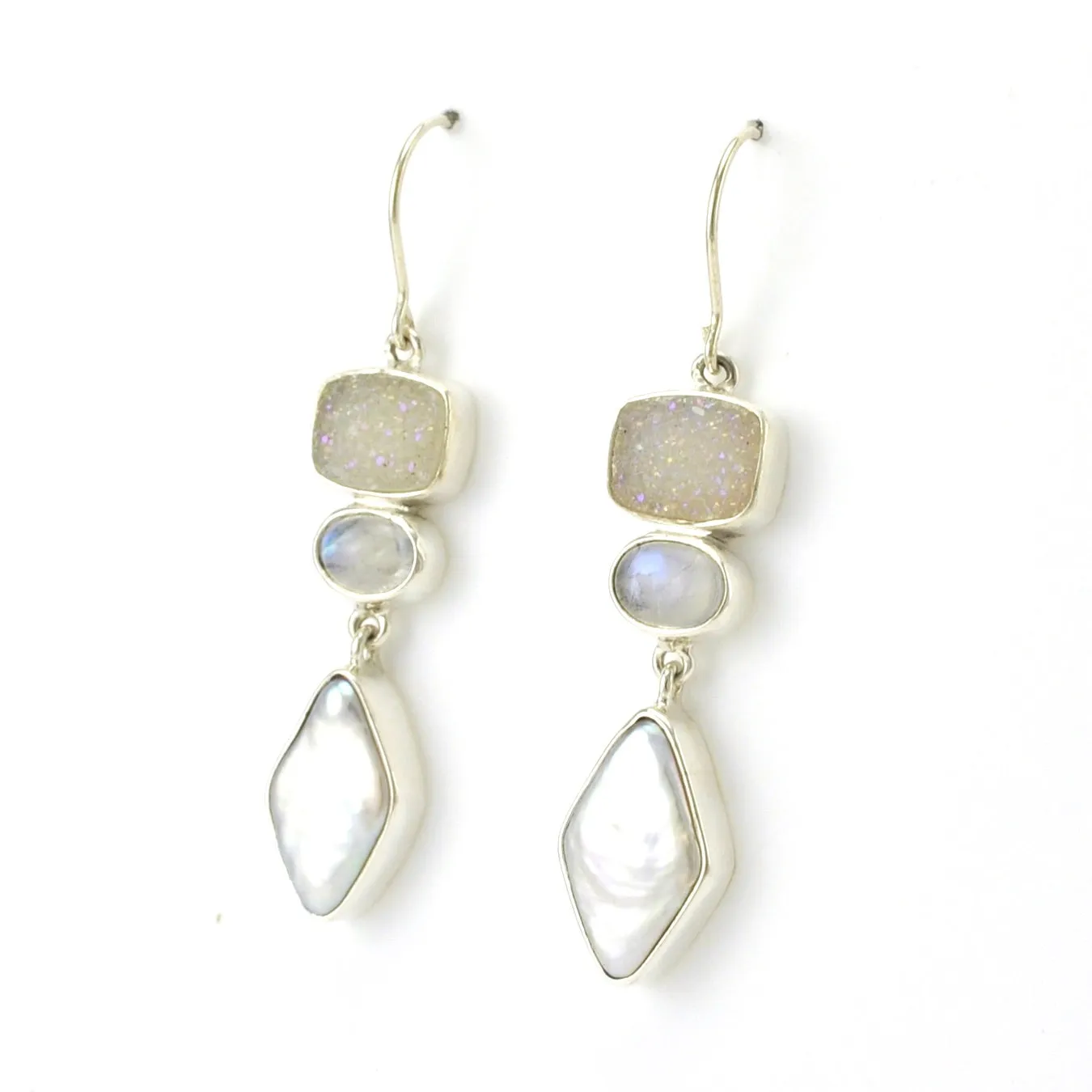 Sterling Silver Druzy Moonstone Pearl Dangle Earrings