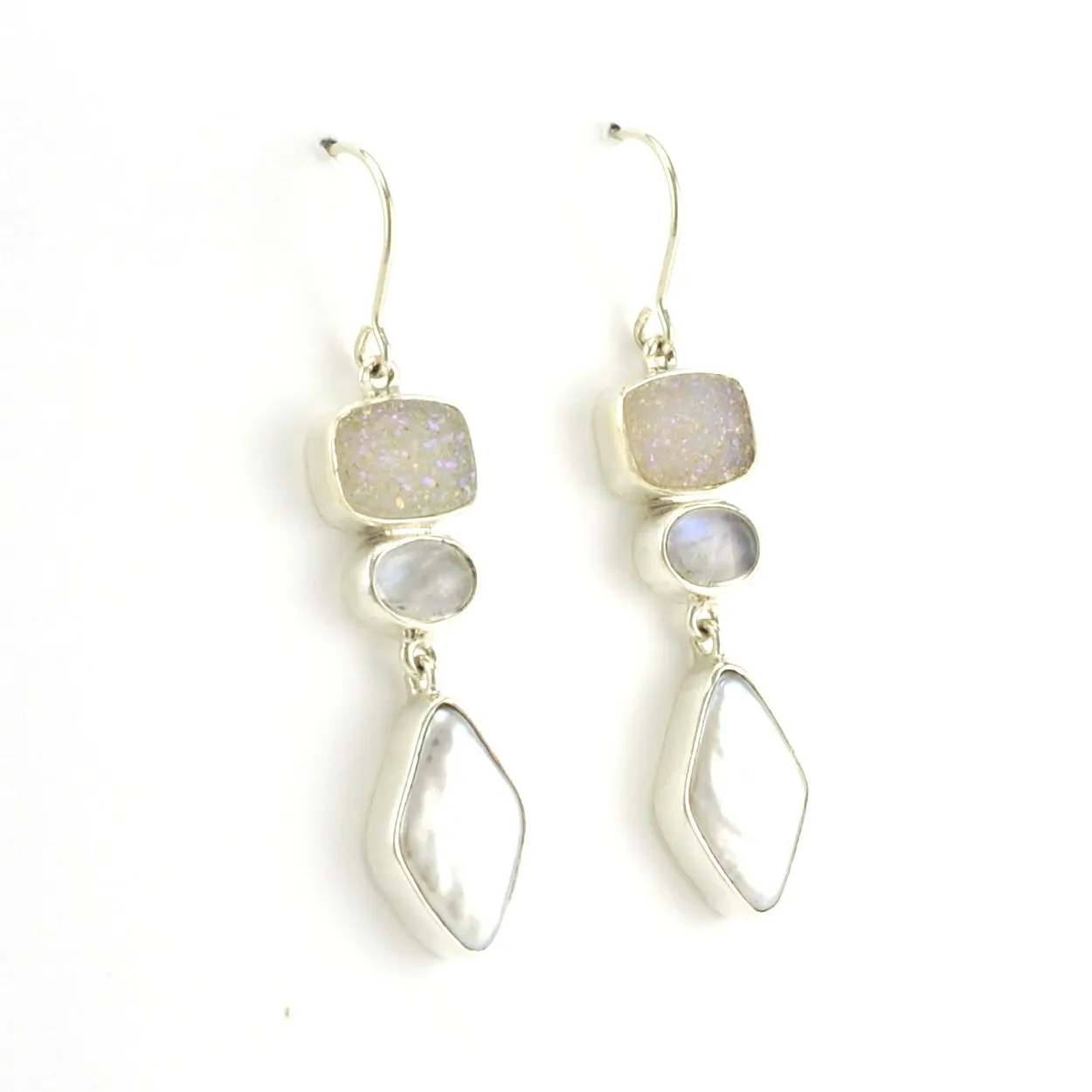 Sterling Silver Druzy Moonstone Pearl Dangle Earrings