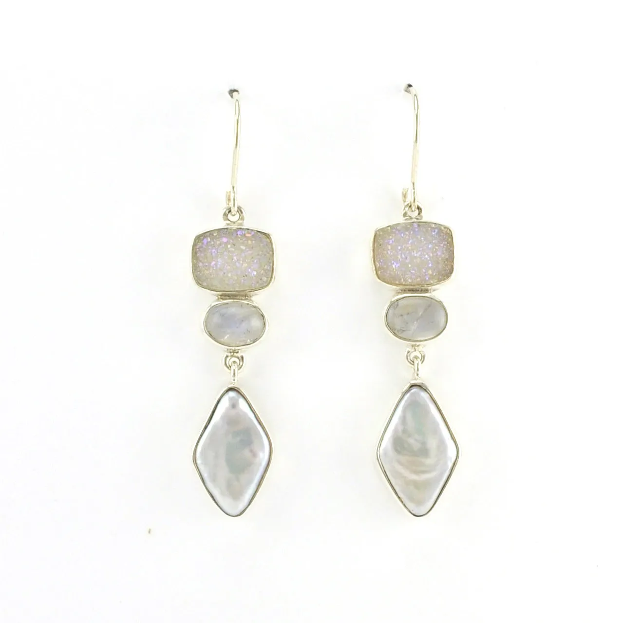 Sterling Silver Druzy Moonstone Pearl Dangle Earrings