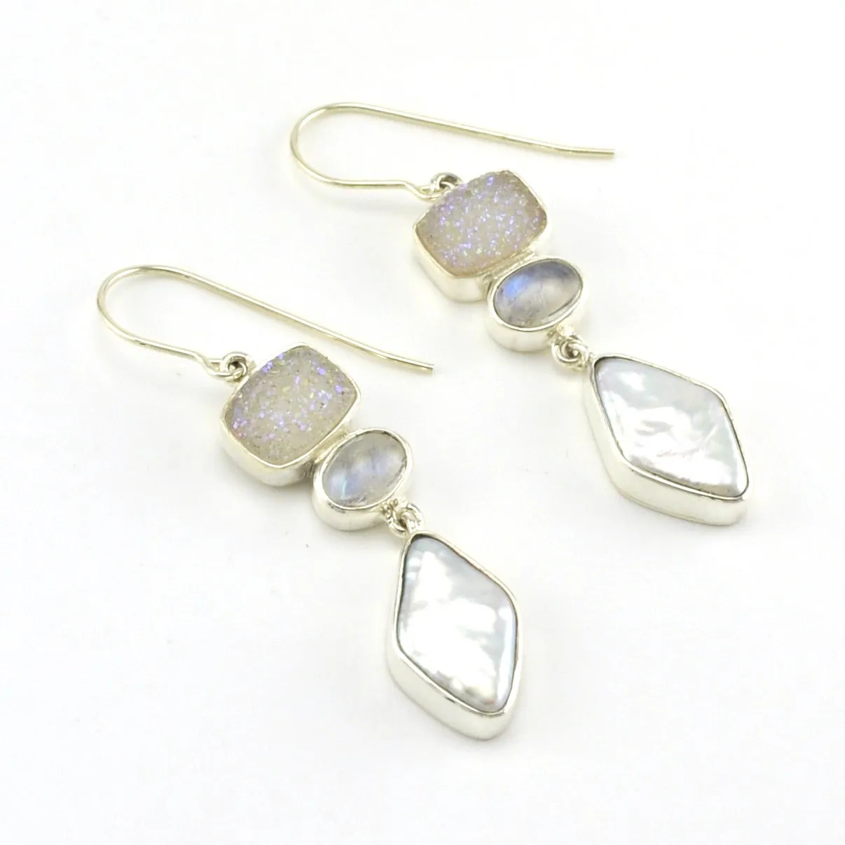 Sterling Silver Druzy Moonstone Pearl Dangle Earrings