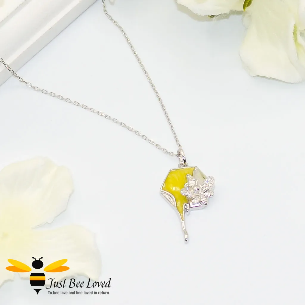 Sterling Silver Honeycomb Drip Bee Pendant Necklace