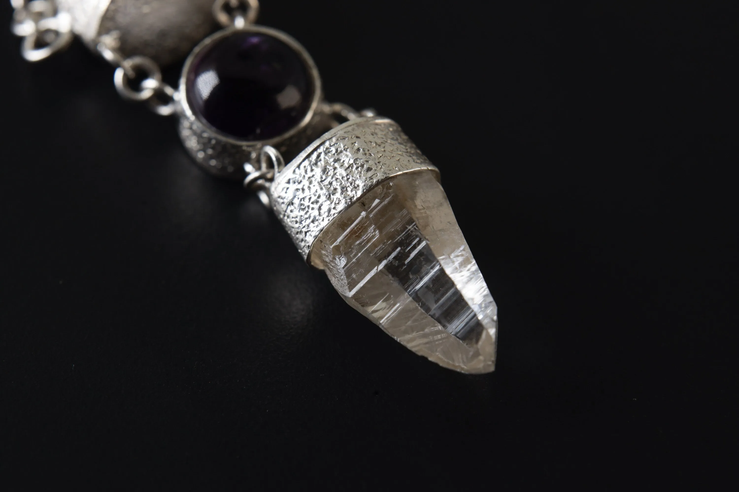 Sterling Silver Pendant, Lemurian Laser Harmony, Amethyst Center, Double Quartz Points, Dangling Chain Charm, Retro Sand Textured Finish
