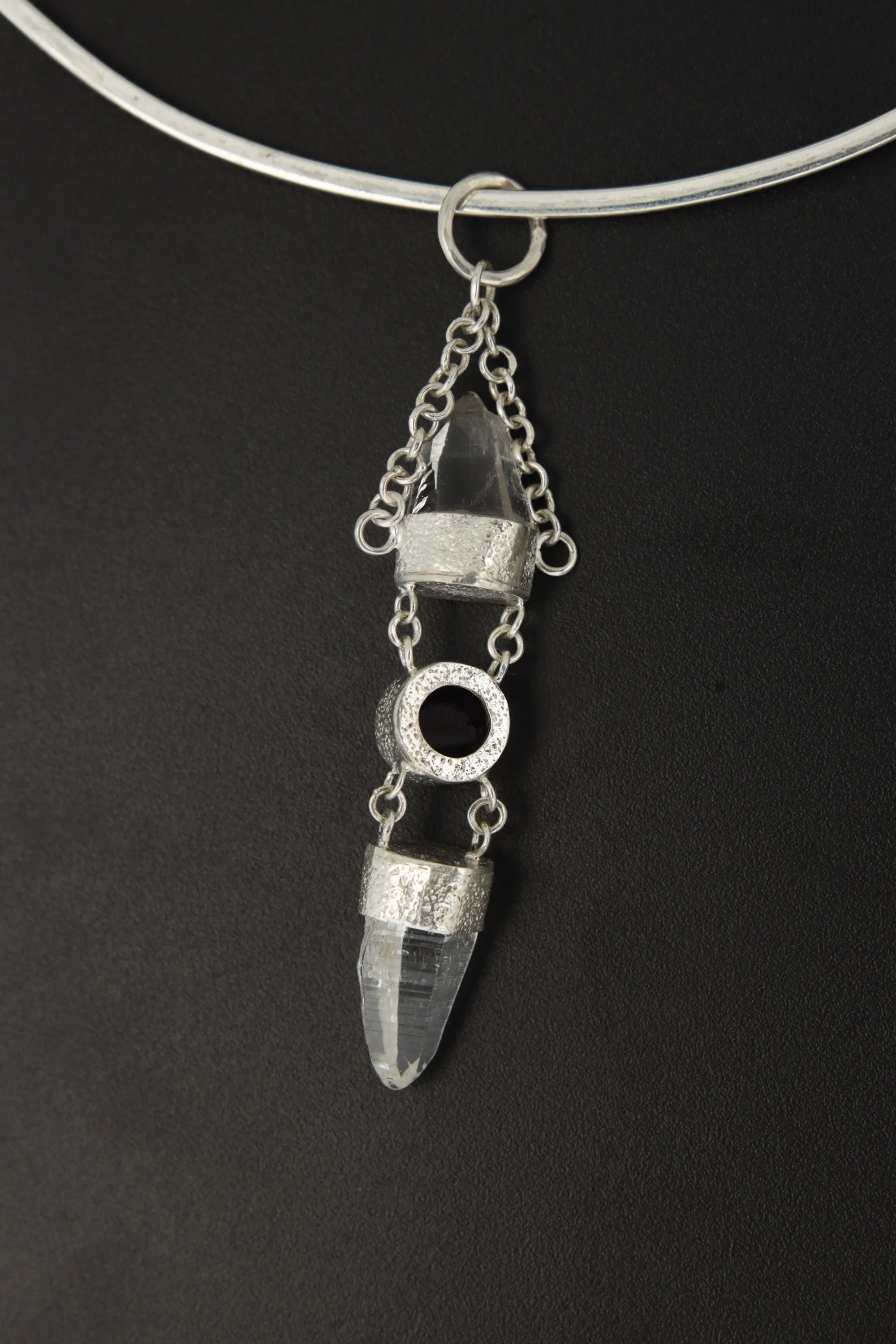 Sterling Silver Pendant, Lemurian Laser Harmony, Amethyst Center, Double Quartz Points, Dangling Chain Charm, Retro Sand Textured Finish
