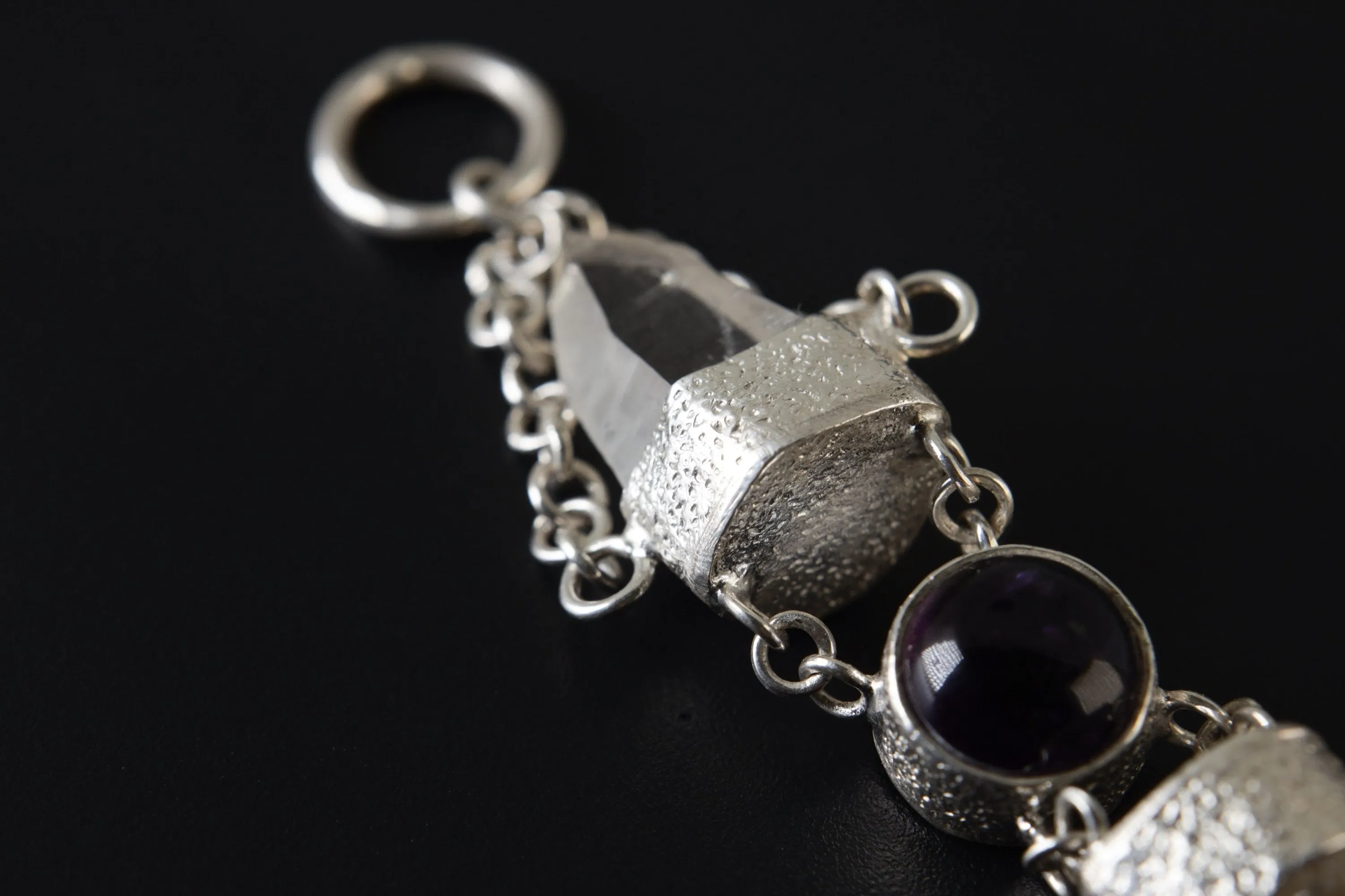 Sterling Silver Pendant, Lemurian Laser Harmony, Amethyst Center, Double Quartz Points, Dangling Chain Charm, Retro Sand Textured Finish
