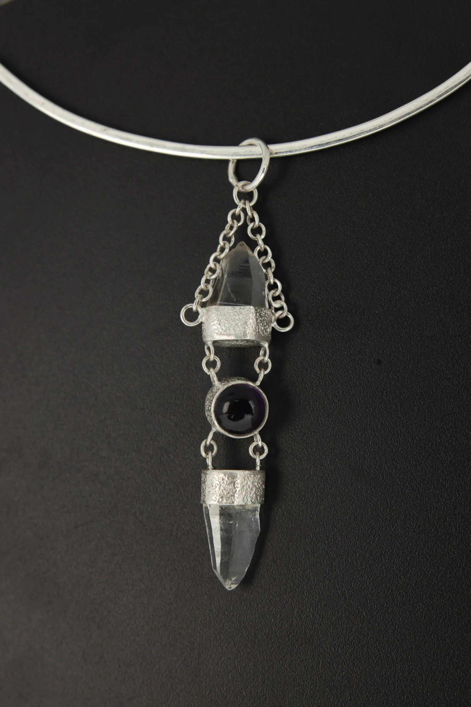 Sterling Silver Pendant, Lemurian Laser Harmony, Amethyst Center, Double Quartz Points, Dangling Chain Charm, Retro Sand Textured Finish