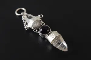 Sterling Silver Pendant, Lemurian Laser Harmony, Amethyst Center, Double Quartz Points, Dangling Chain Charm, Retro Sand Textured Finish