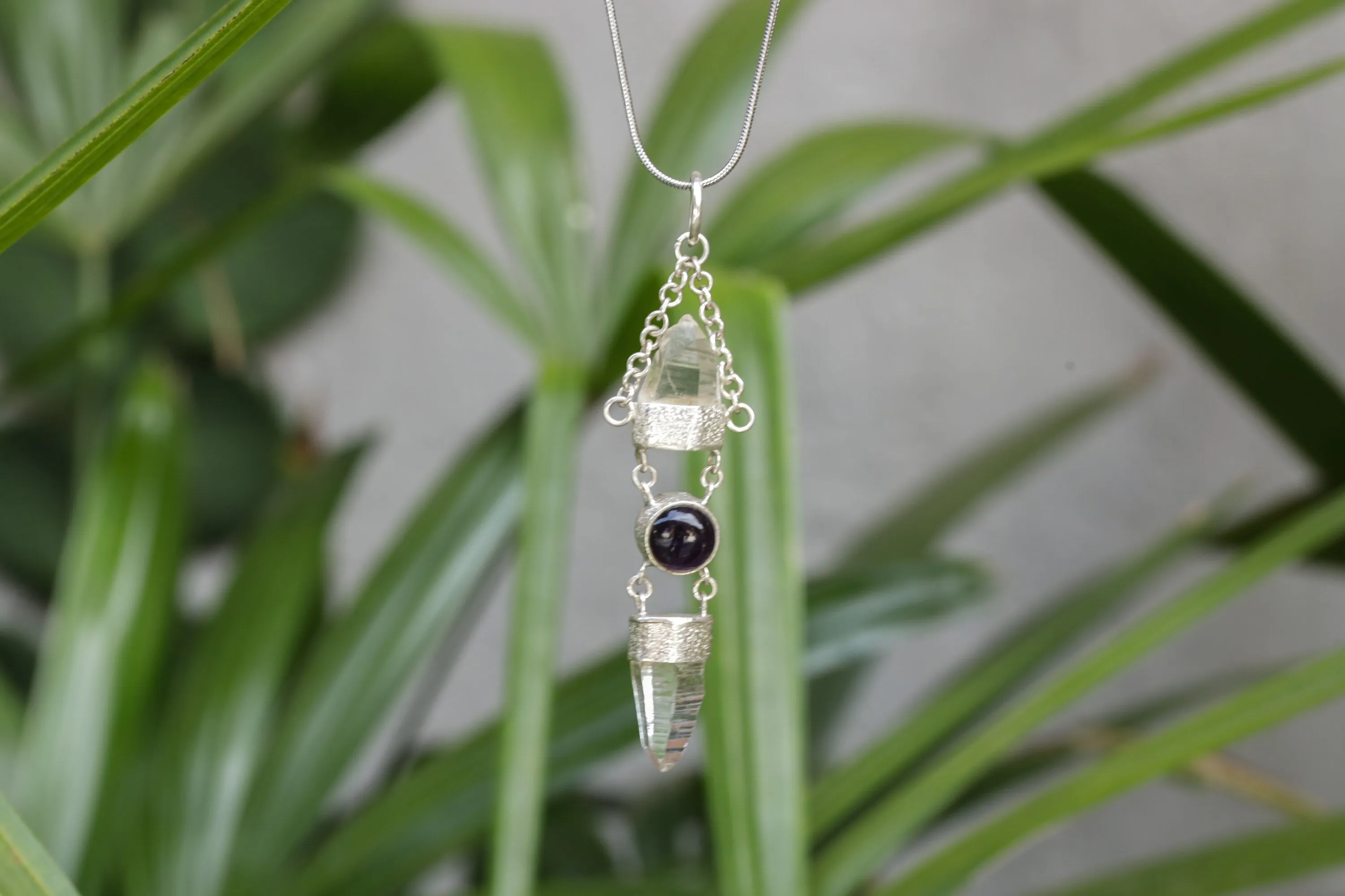 Sterling Silver Pendant, Lemurian Laser Harmony, Amethyst Center, Double Quartz Points, Dangling Chain Charm, Retro Sand Textured Finish