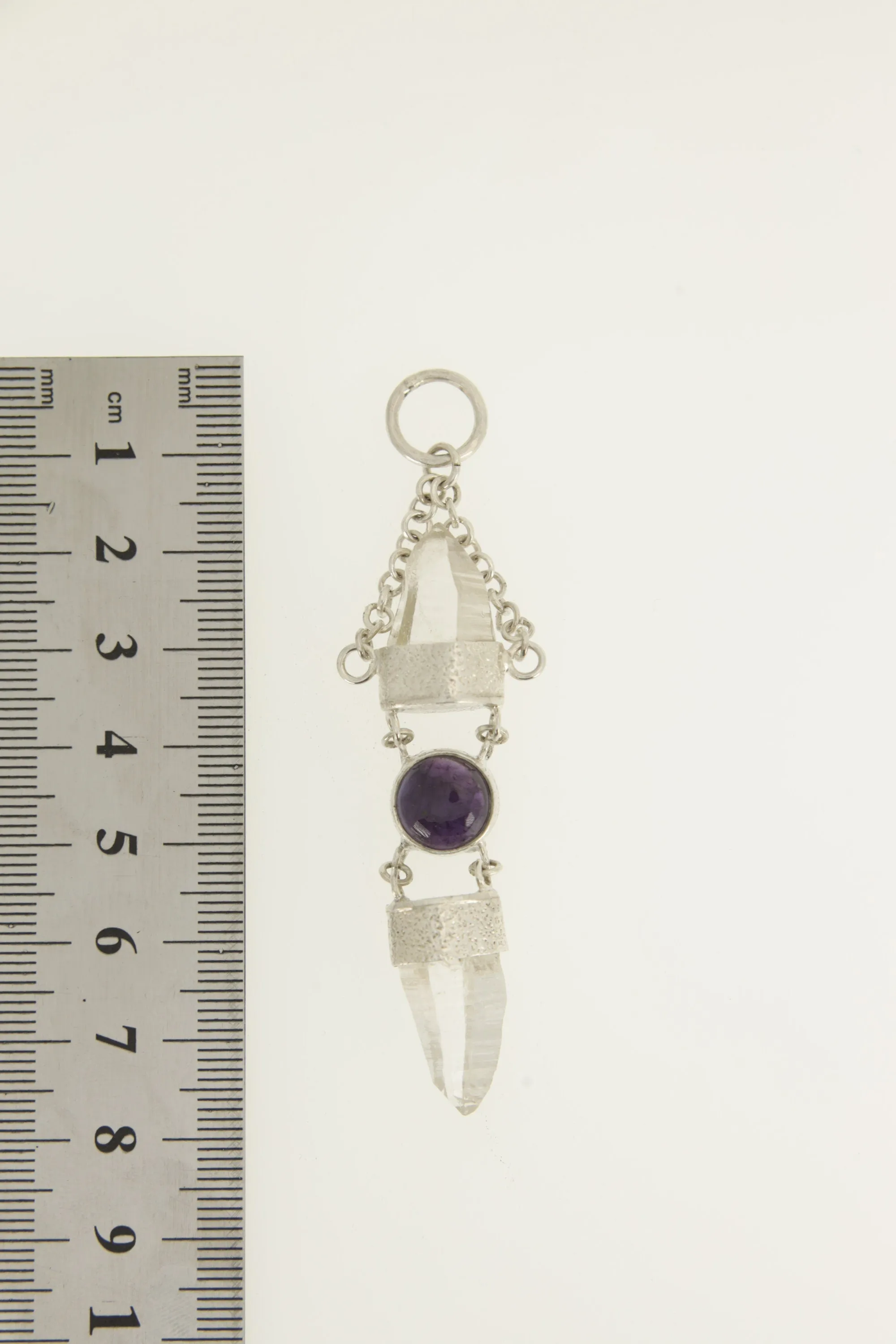 Sterling Silver Pendant, Lemurian Laser Harmony, Amethyst Center, Double Quartz Points, Dangling Chain Charm, Retro Sand Textured Finish