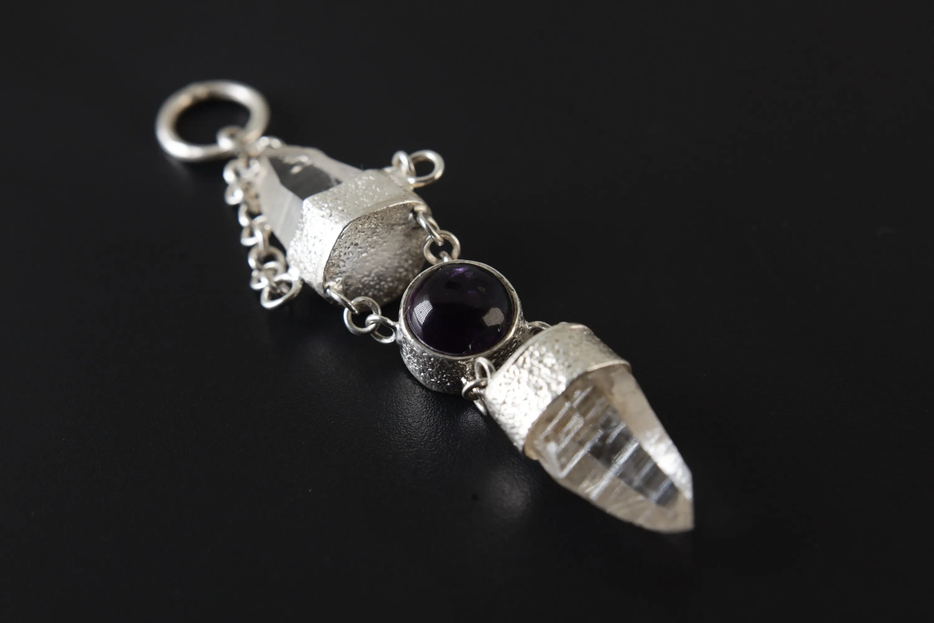 Sterling Silver Pendant, Lemurian Laser Harmony, Amethyst Center, Double Quartz Points, Dangling Chain Charm, Retro Sand Textured Finish