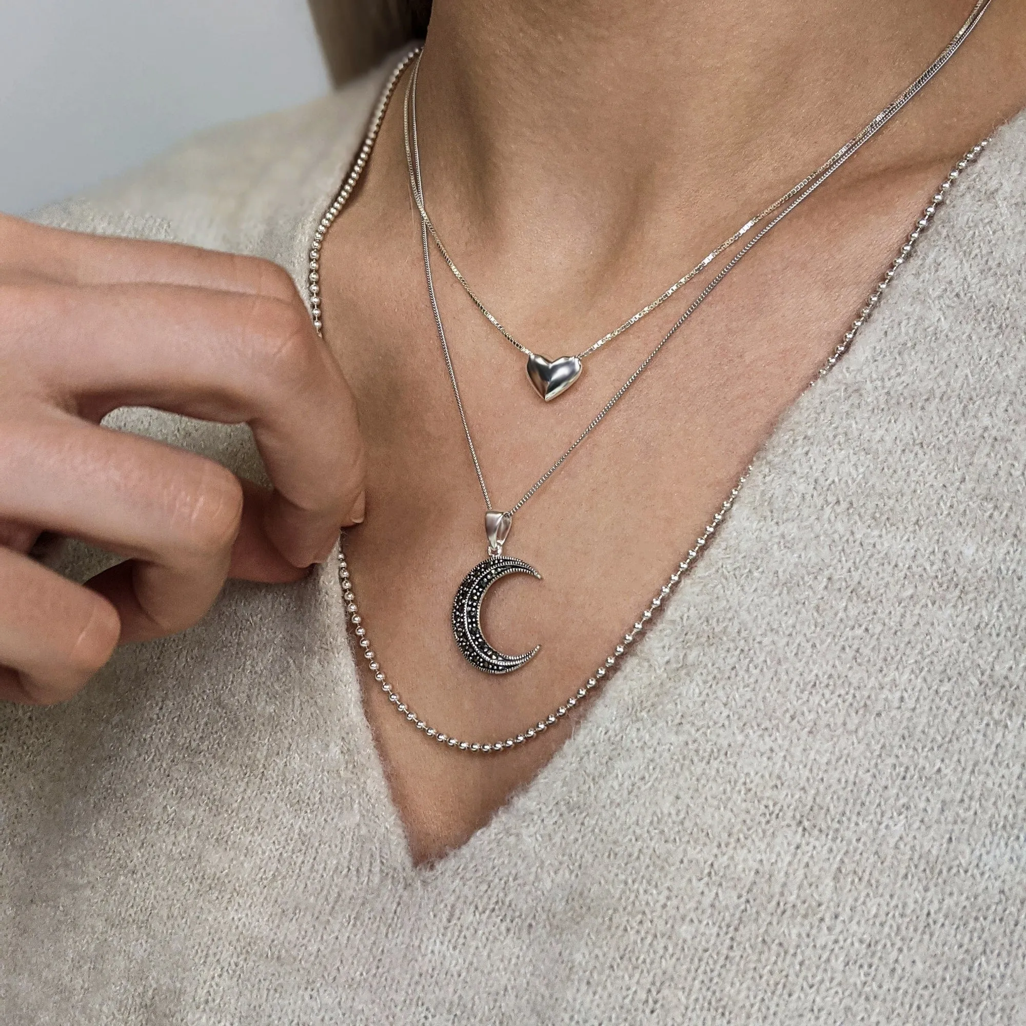 Sterling Silver Puffed Heart Pendant - Box Chain Necklace