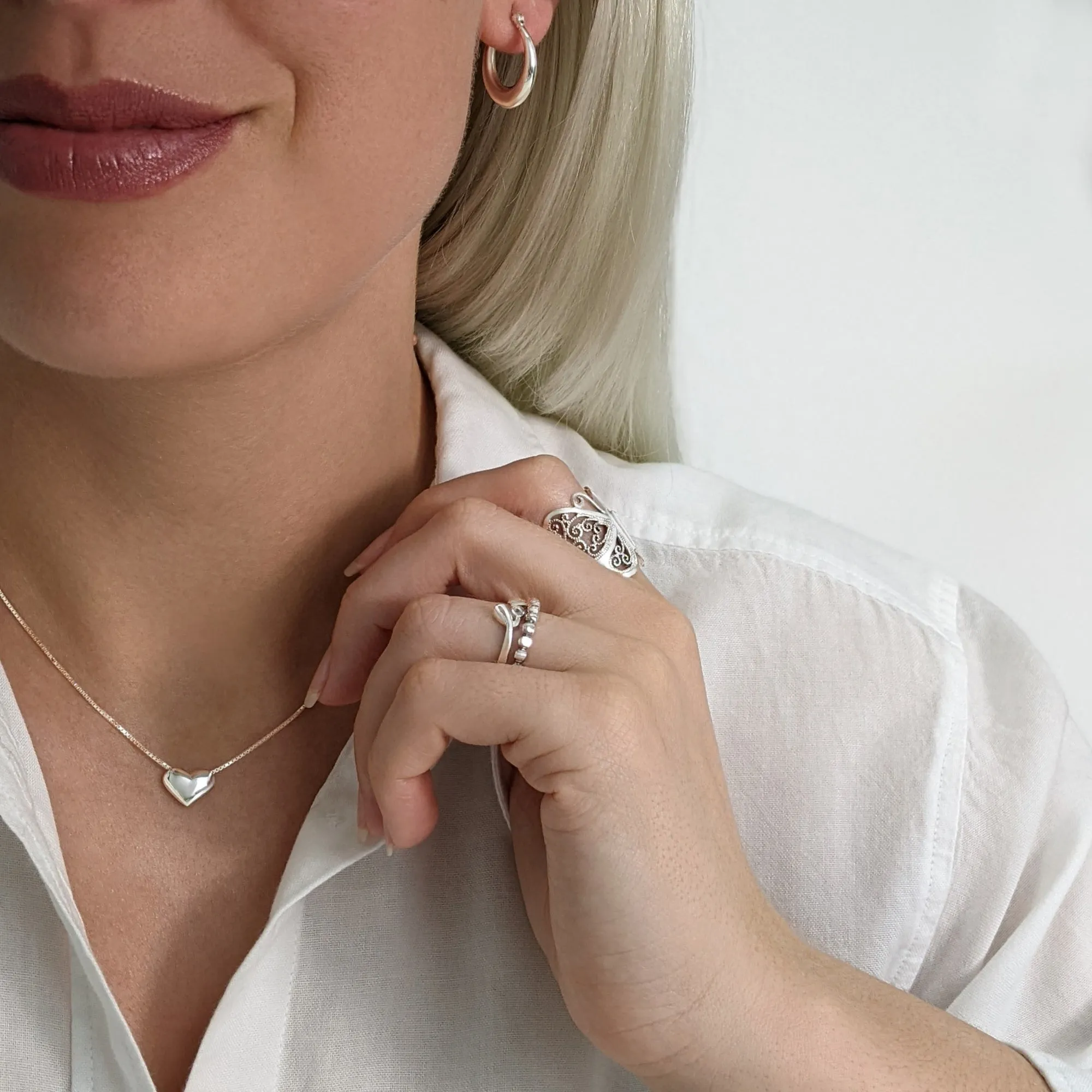 Sterling Silver Puffed Heart Pendant - Box Chain Necklace