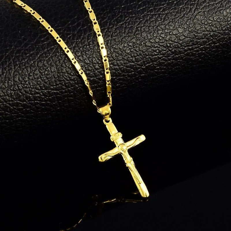Superb New 24KGP Christian Cross Pendant Gold Plated Necklace Men's Women's Religious Jewellery