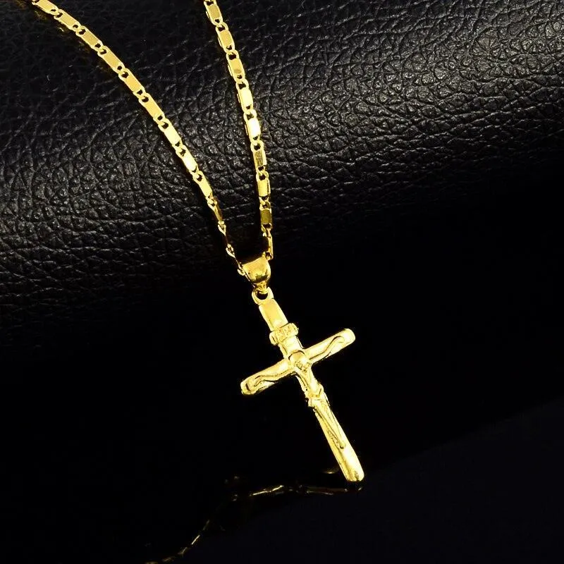 Superb New 24KGP Christian Cross Pendant Gold Plated Necklace Men's Women's Religious Jewellery