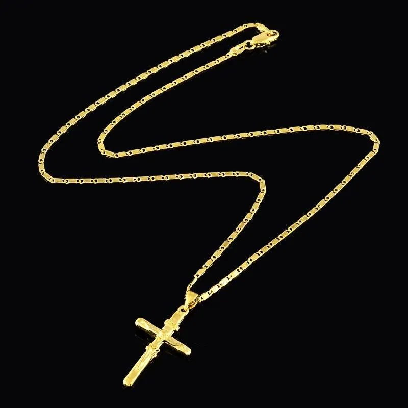 Superb New 24KGP Christian Cross Pendant Gold Plated Necklace Men's Women's Religious Jewellery