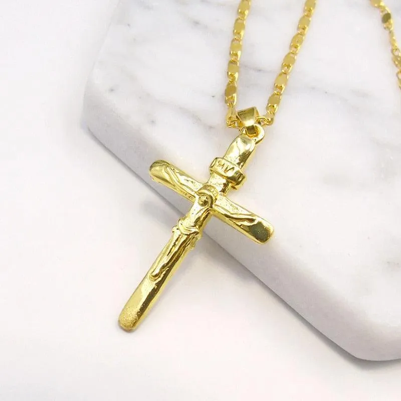 Superb New 24KGP Christian Cross Pendant Gold Plated Necklace Men's Women's Religious Jewellery