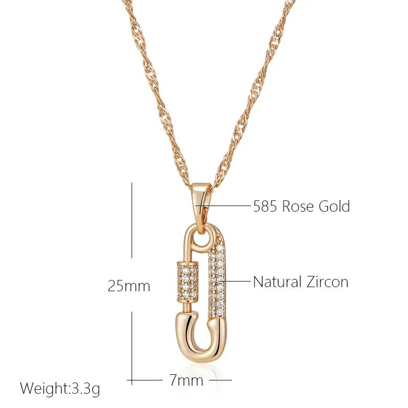 Superb Rolled 14K Rose Gold AAA Zircon Diamonds Pin Shape Pendant And Necklace For Women - Trendy Jewellery