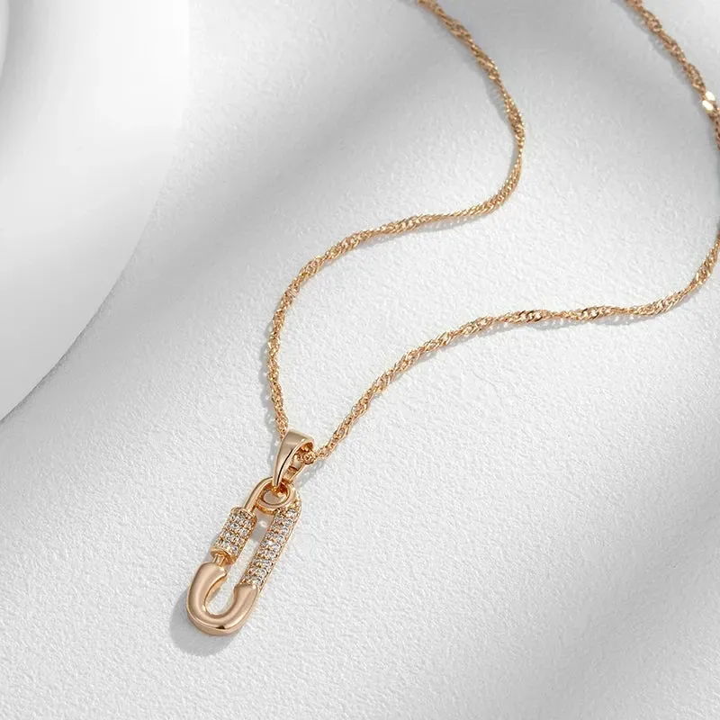 Superb Rolled 14K Rose Gold AAA Zircon Diamonds Pin Shape Pendant And Necklace For Women - Trendy Jewellery