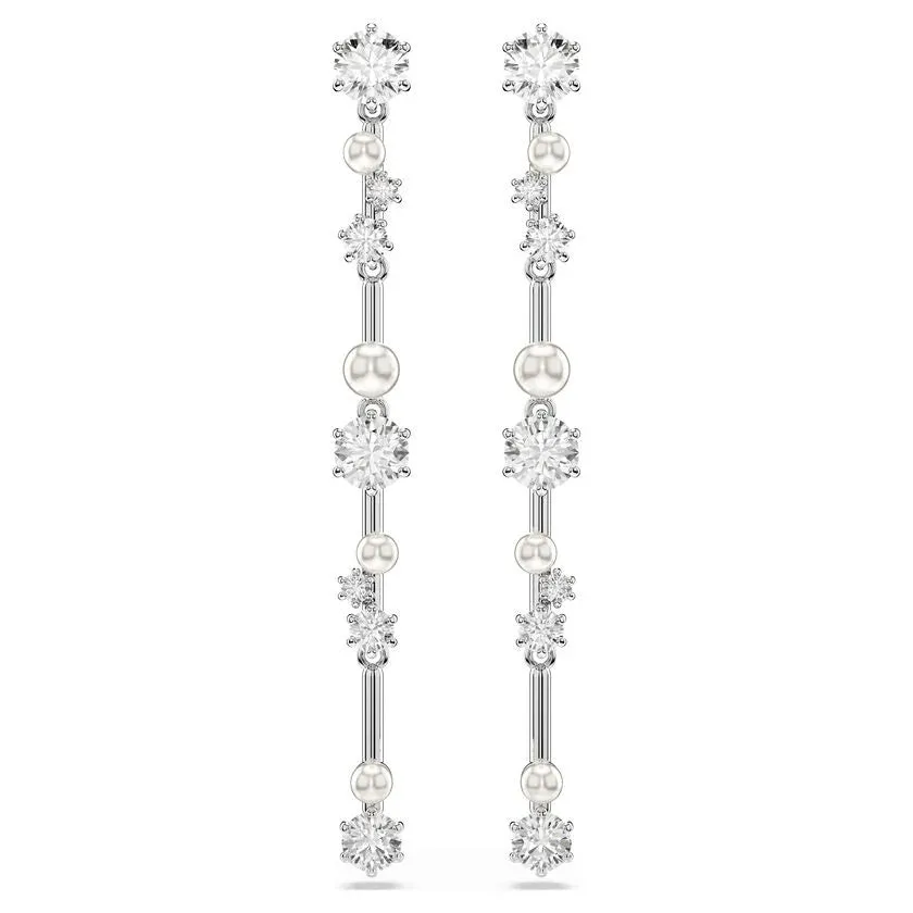 Swarovski Constella Pearl and Round Cut Crystal Drop Earrings Rhodium Plated