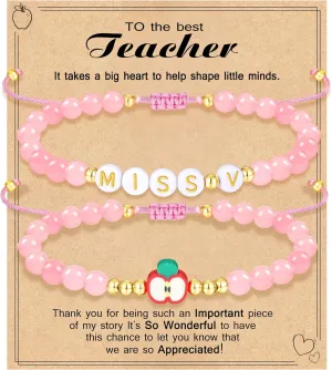 Teacher Appreciation Bracelet Gifts for Women Initial Beaded Bracelets Back to School Thank You Teacher Gifts 2pcs Link Bracelet New Teacher Graduation Gift Birthday Retirement Teachers' Day Jewelry